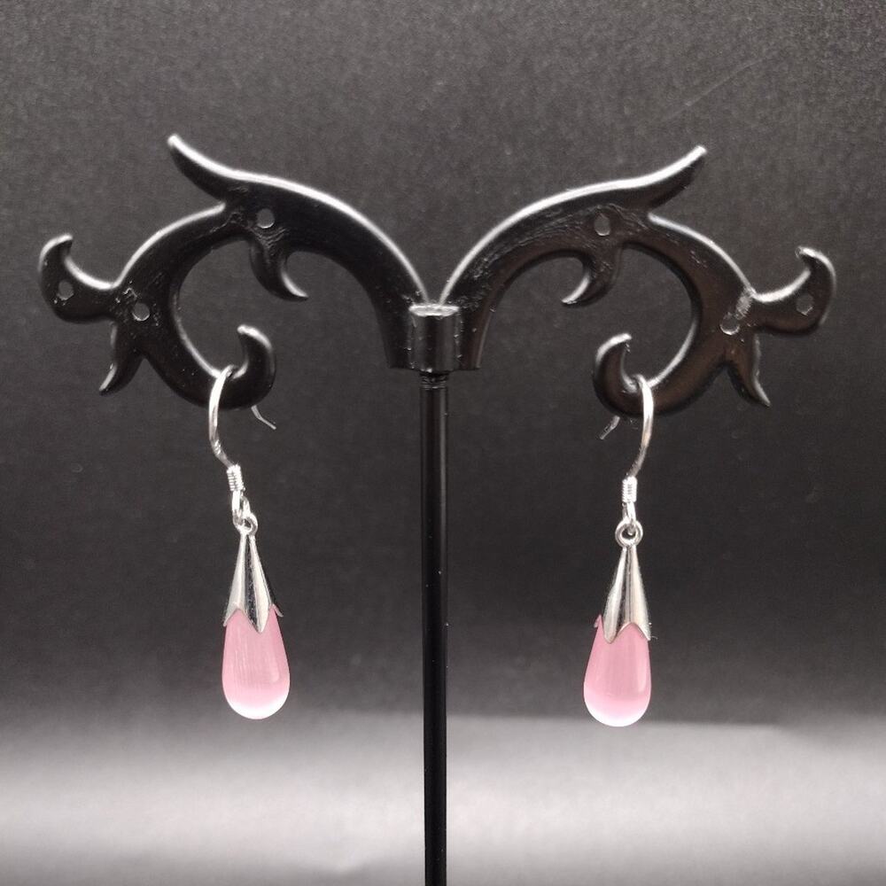 925 Sterling Silver Earrings Pink Rose Quartz Teardrop BOHO Birthday Gift - NEW!